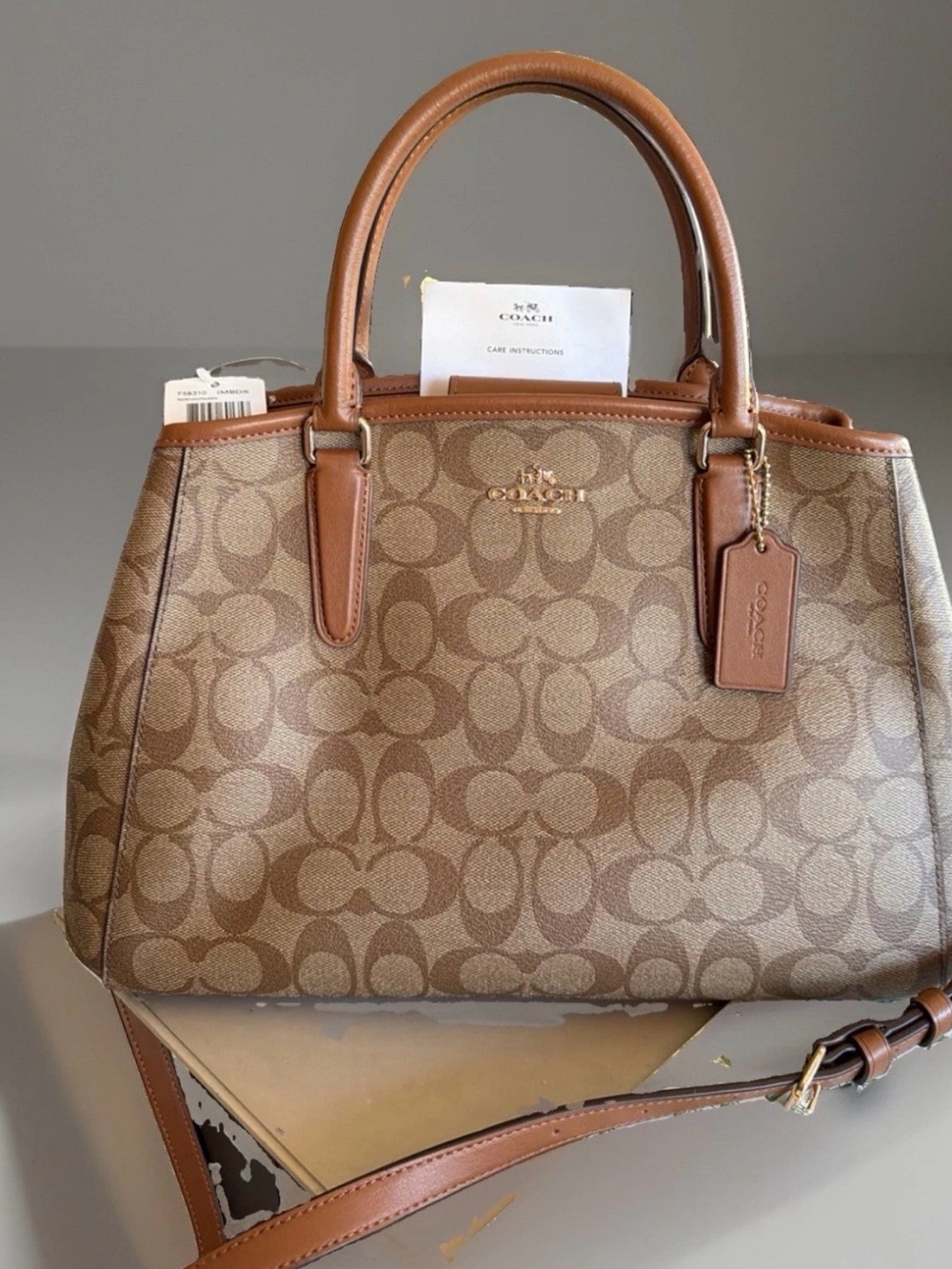 NWT Coach Brown/Tan Signature Canvas Satchel with Leather Trim